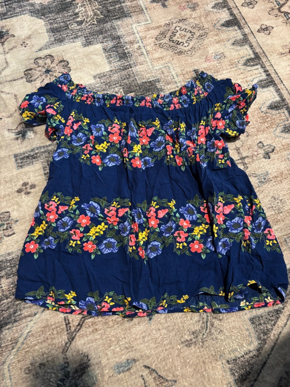 Old Navy Navy Off-Shoulder Floral Smocked Top